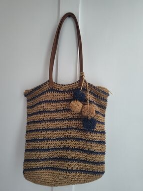 BTB Los Angeles Lucy Straw Shoulder Tote Bag  Sand / Navy Stripes With Pom Poms